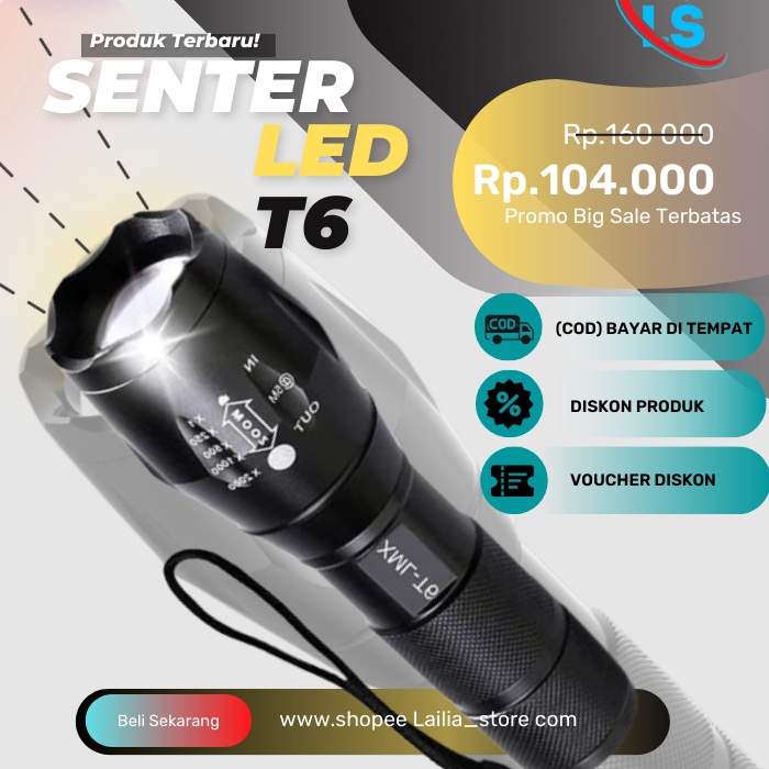 SENTER LED CREE SUPER TERANG XML-T6 E17 2000 - 3800 LUMENS ANTI AIR JARAK JAUH HINGGA 500M LS