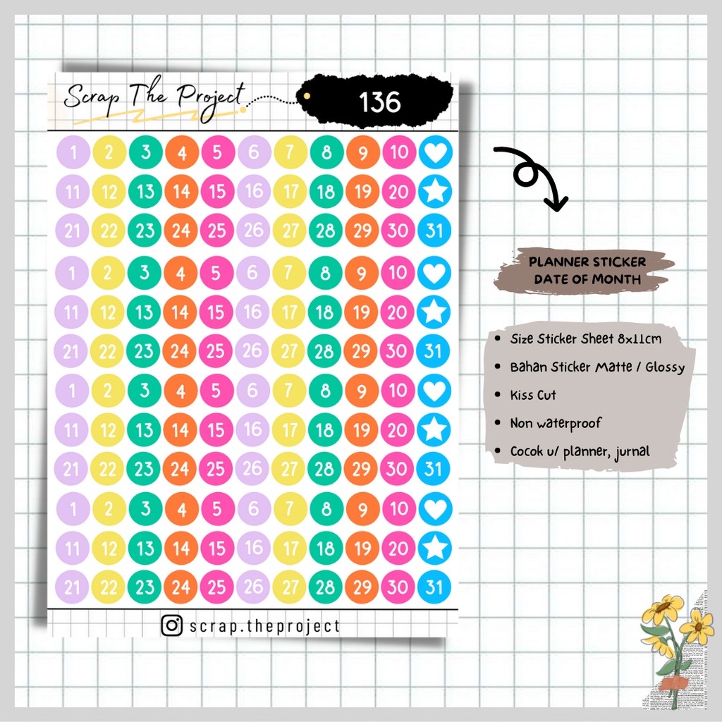 

STICKER PLANNER JOURNAL / STICKER DATE OF MONTH / STP - 136