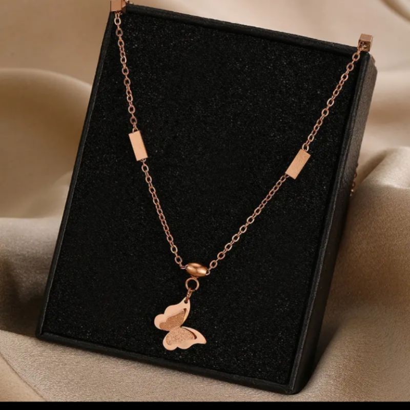 KALUNG TITANIUM WANITA EMAS LAPIS 18K KALUNG RANTAI DADU LIONTIN KUPU - KUPU