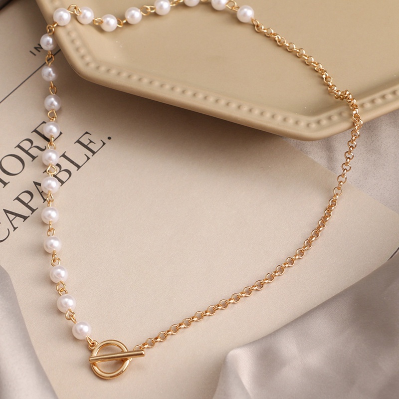 Ins Fashion Kalung Rantai Mutiara Wanita Warna Emas OT Gesper Alloy Bead Chain Necklace Untuk Wanita Pesta Perhiasan Hadiah