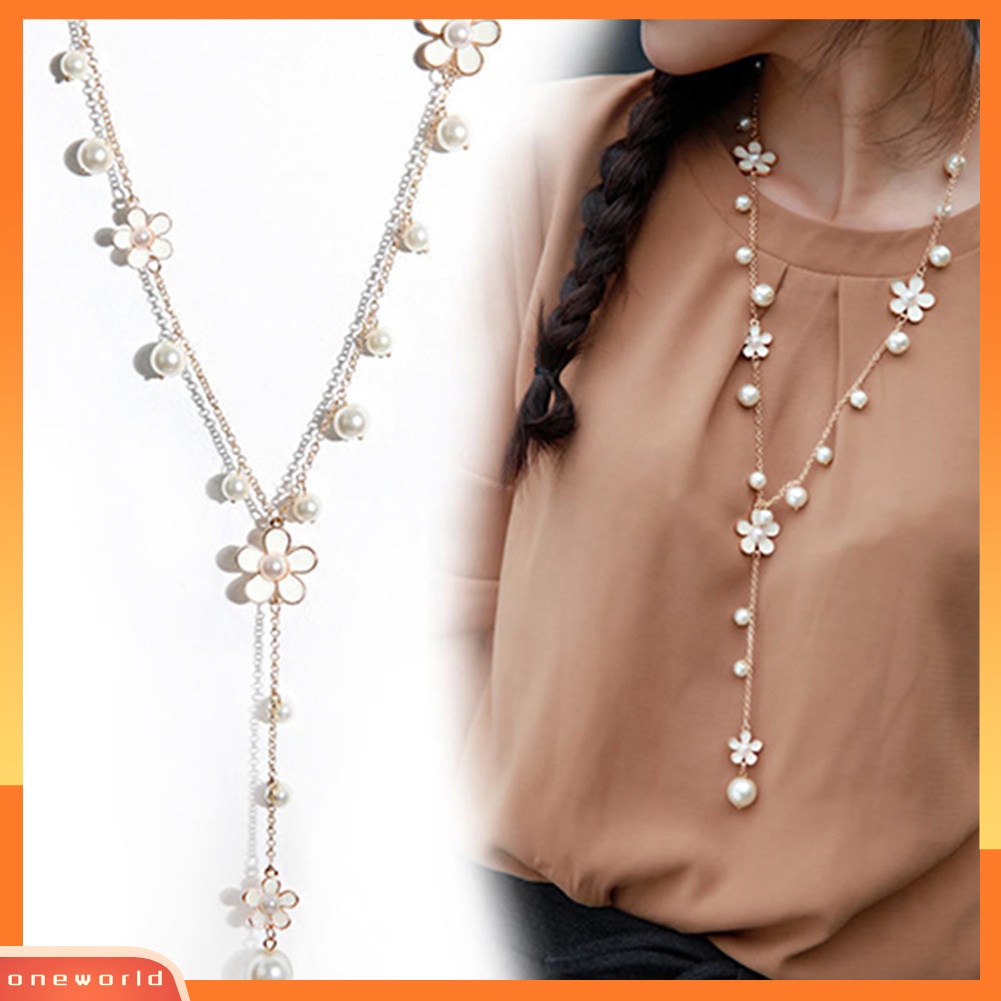 [WONE] Mutiara Imitasi Elegan Bunga Sweater Rantai Kalung Panjang Sosialita Lady Jewelry