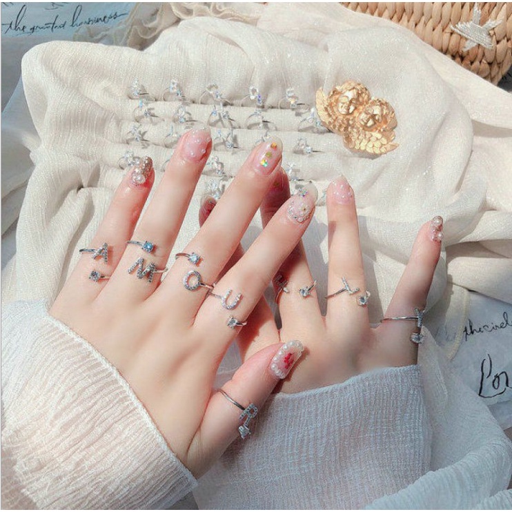 Cincin Huruf Silver Abjad Huruf A-Z Stainless Inisial Nama Cincin Alphabet Wanita Fashion / Cincin W