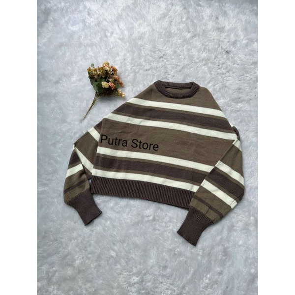 Maudy Strip sweater crop rajut wanita