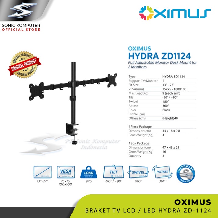 Bracket Meja LCD LED TV 2 Monitor 13&quot; - 27&quot; OXIMUS HYDRA ZD1124