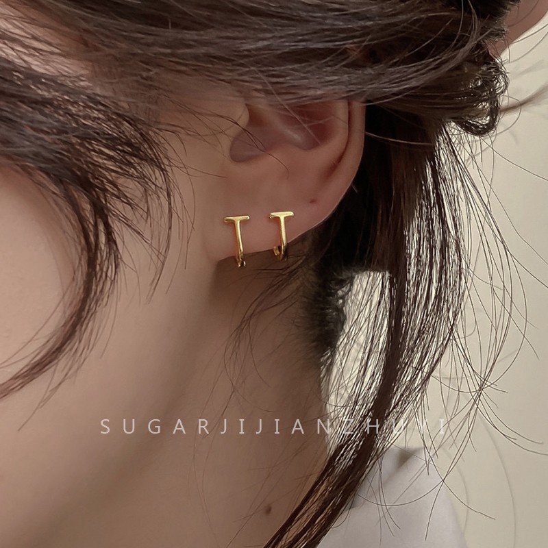 S925 Perak T Bentuk Klip Telinga Klip Huruf Alfabet Anting Wanita Kepribadian Sederhana Mini Ear Studs Desain Fashion Cincin Telinga Aksesoris Hadiah