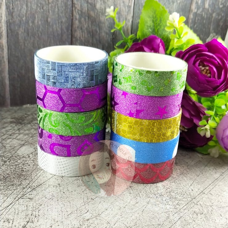 10 12 Gulung Washi Tape Set Selotip Selotape Isolasi Solasi Grosir DIY Craft Journal Book Dekorasi Decorative Metalic Glitter Fancy