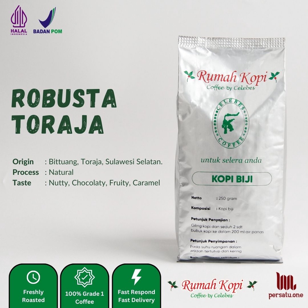 

Kopi Robusta Toraja Biji/Giling Halus/Medium | CELEBES COFFEE | Kemasan 100, 250, dan 500 gram