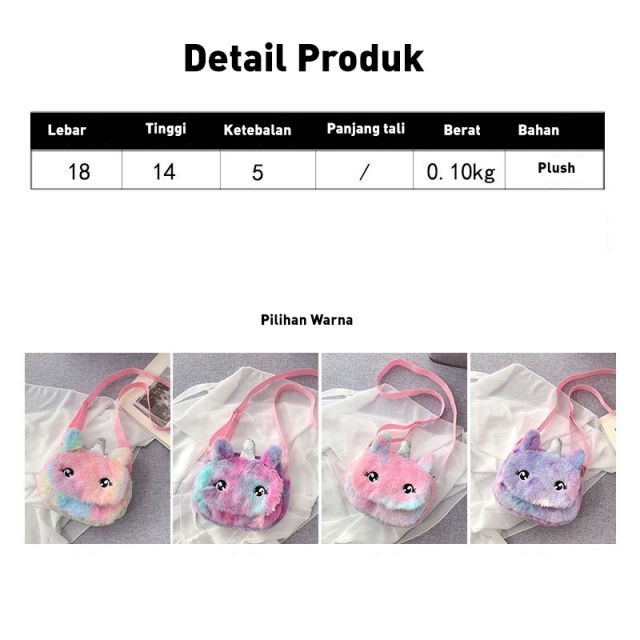 Holiven Tas Anak Unicorn Bulu Warna Ungu Pink Biru / Tas Selempang Anak Gradasi