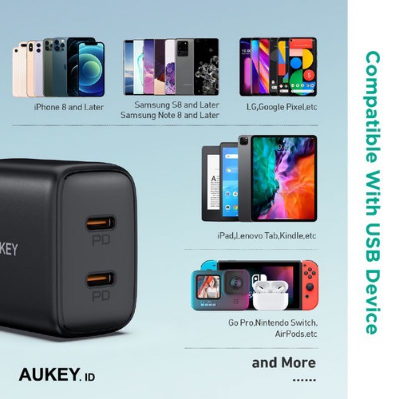 Aukey Wall Charger PA-R1s 20W. 2 Output .Ultra Compact with PD  GARANSI 2 TAHUN