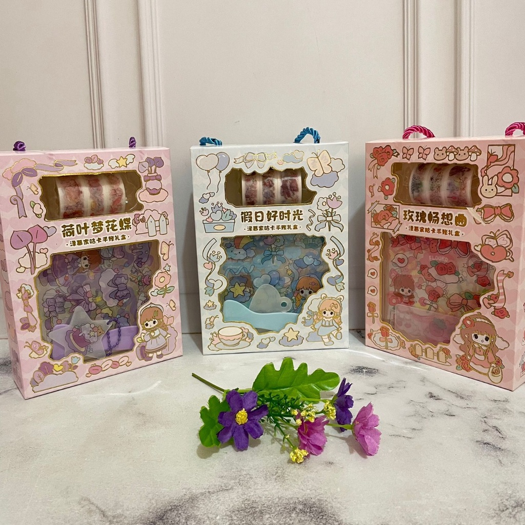 

PAKET STICKER DAN WASHITAPE MOTIF LUCU 1 BOX BERTALI MODEL FANCY