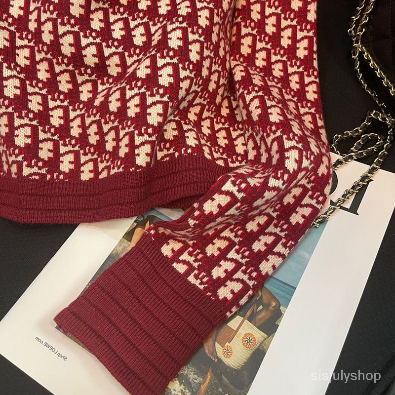 #Sisjuly# Jaket chambray merah Prancis wanita atasan rajutan busur vintage baru