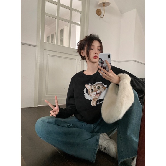 EUNII Sweater Lengan Panjang Cartoon Torn Cat Korean Style/Hoodie Oversize/Baju Wanita/Switer Wanita