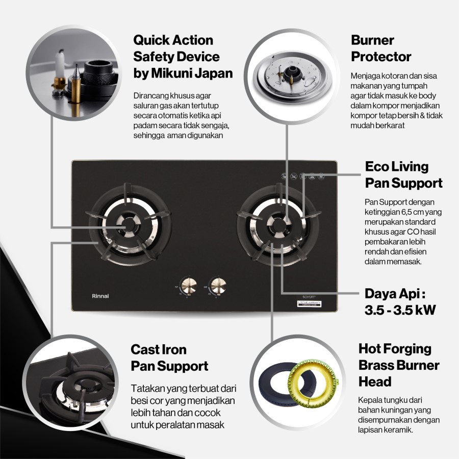 RINNAI Kompor Tanam 2 Tungku Kaca RB 2 GH-C (BK) glass black RB2GHC
