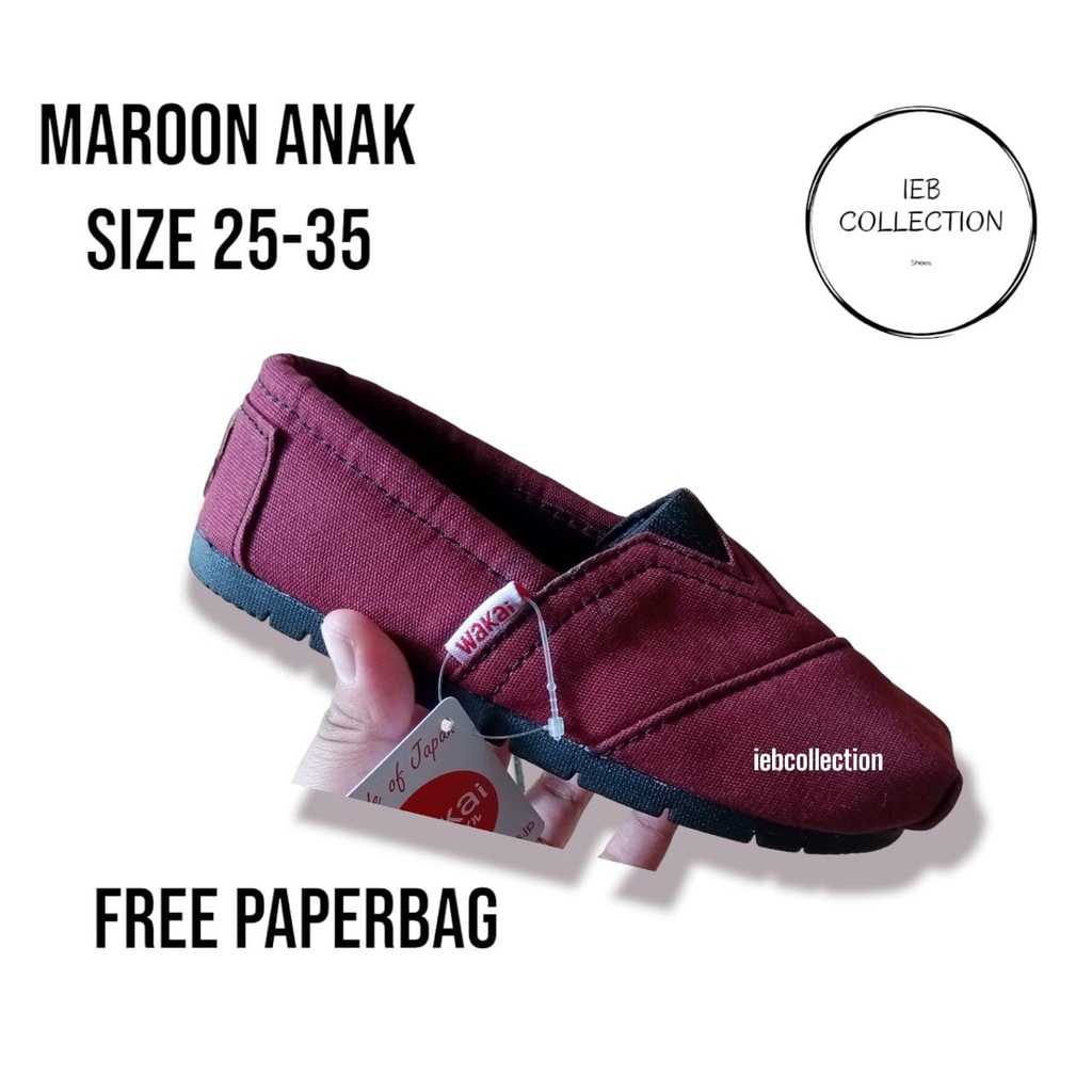 sepatu wakai anak maroon polos unisex size 25-35 free paperbag