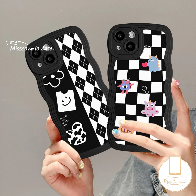 IPHONE Case Kompatibel Untuk Iphone6 6s 87plus 11 14 13 12 Pro Max 14Plus XR X XS Max SE 2020papan Catur Diamond Grid Kartun Monster Kecil Lembut TPU Bergelombang Penutup Tepi