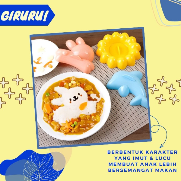 Cetakan Nasi Bento Bentuk Kartun Kelinci Lumba-Lumba Untuk Membuat Sushi Onigiri / Cetakan Bento Karakter Set 4 in 1 / Fancy Rice Mold