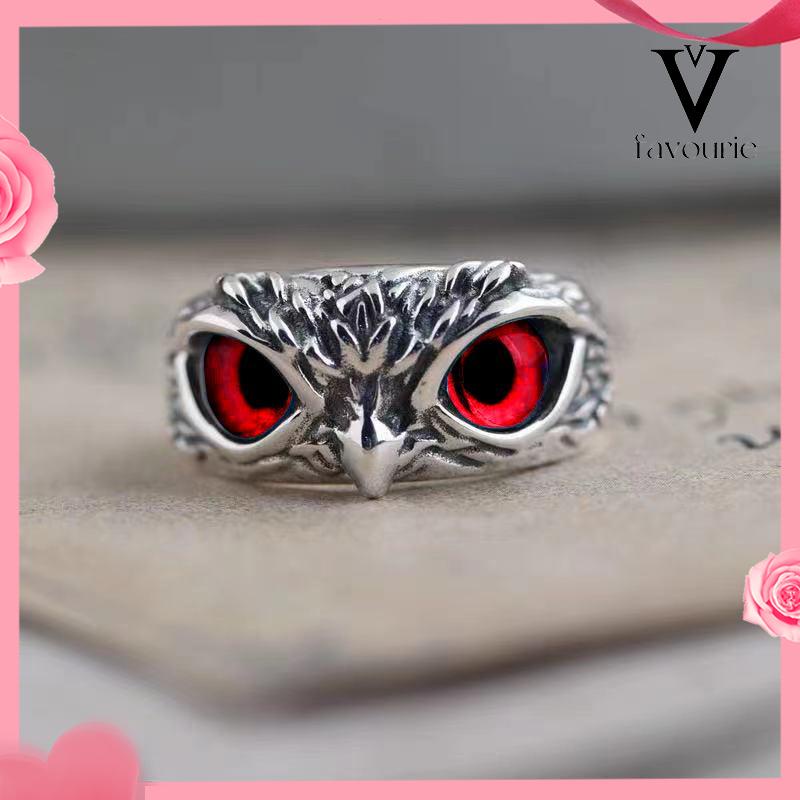 CODKristal Vintage Style Burung Hantu Cincin Perak 925 Pria Wanita Punk Crystal Rings Adjustable Size-FA