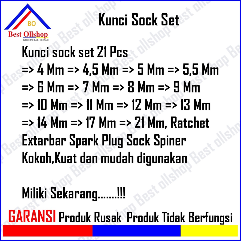 Kunci Pas 21 Pcs/ Kunci shock Wrench Set Bolting/ Kunci Sok / Kunci Shock Sock Sok Set 21 Pcs Ratchet