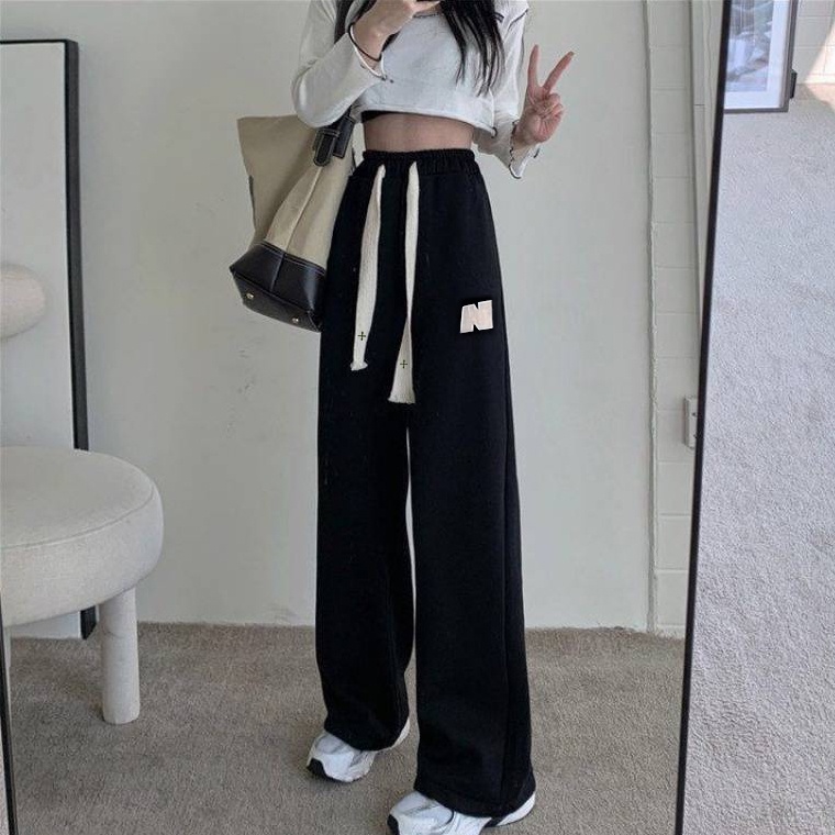 yikoo-Celana panjang pants korean casual fashion wanita tali serut di kaki （Dengan kantong）