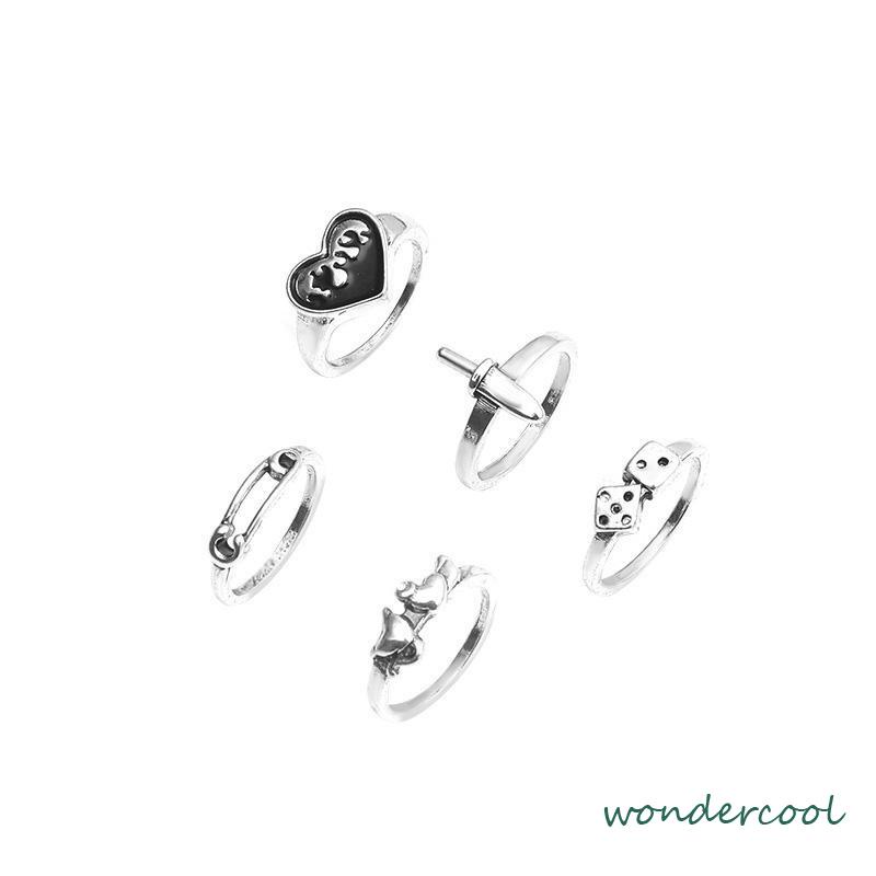 Domingo Ring Alloy peniti dadu love pedang retro silver cincin wanita fashion korea 5 set-Won