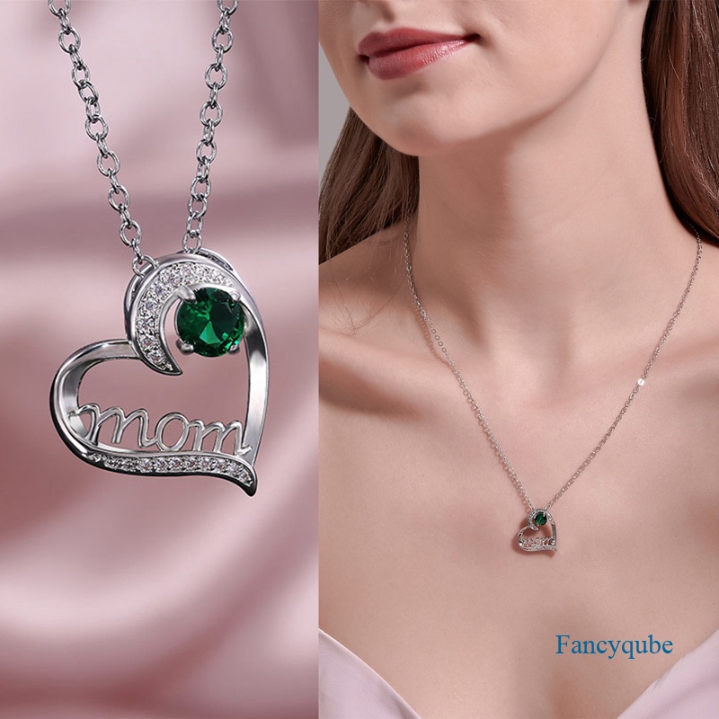 Fancyqube Fashion Cinta Ibu Warna Perak Kalung Merah Hijau Putih Kristal Ibu Berbentuk Hati Kalung Untuk Hadiah Ulang Tahun Hadiah Hari Ibu