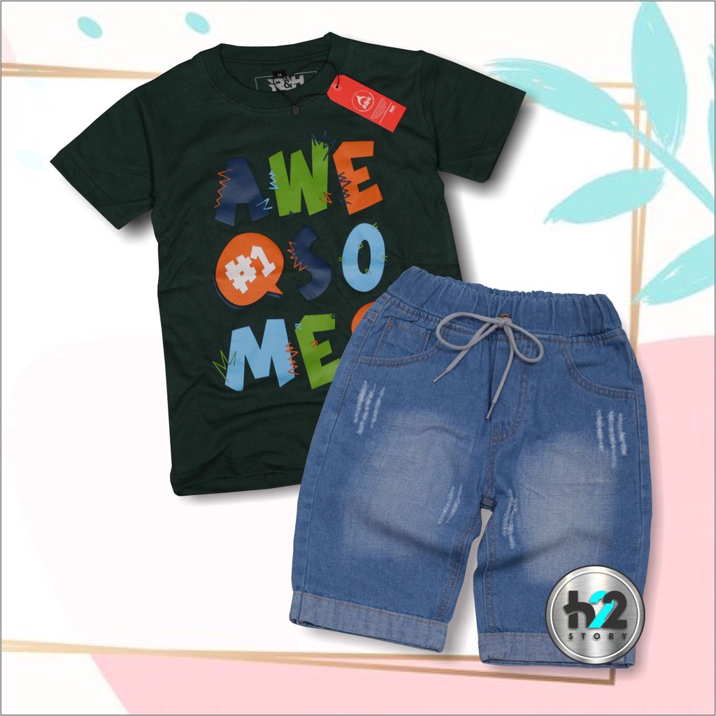 Setelan Anak Celana Jeans / Setelan Jeans Anak Laki Laki /  Setelan Kaos Distro Anak Celana Jeans Pendek Usia 3-12 Tahun / By H22Story