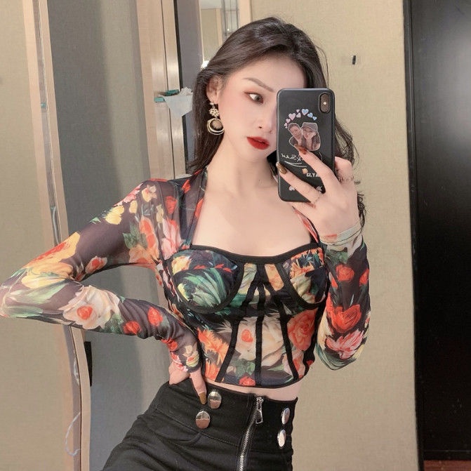 ✔☋Suhao Gaya Asing Bunga Jala Lengan Panjang Pendek Ramping Kerah Persegi Atasan Awal Musim Semi Baru All-Match See-Through bottoming T-shirt untuk Wanita