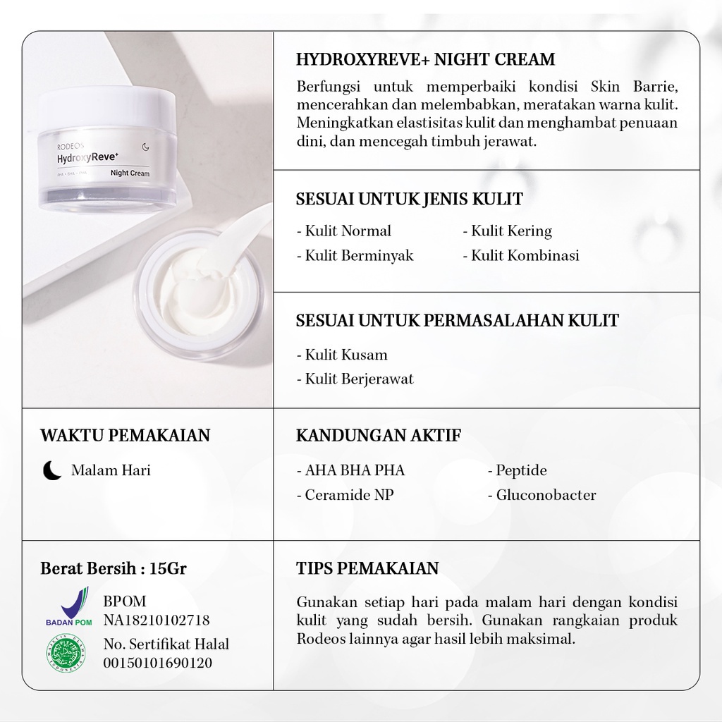 Krim Malam RODEOS Night Cream HydroxyReve Pelembab Pencerah Wajah Malam Hari  AHA BHA PHA Ceramide Peptide