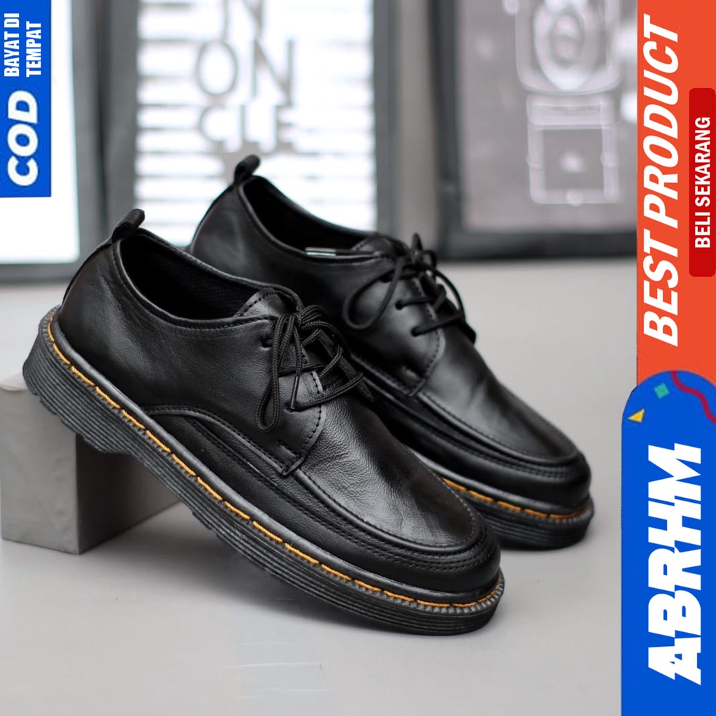 Sepatu Pantofel Formal Pria Kerja Kulit Asli Docmart Low Boots Hitam Abraham Flora