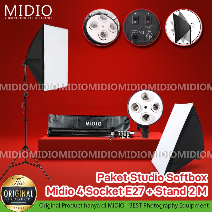 Paket Studio Light Stand 2M+ 4 Socket E27 + Softbox Midio