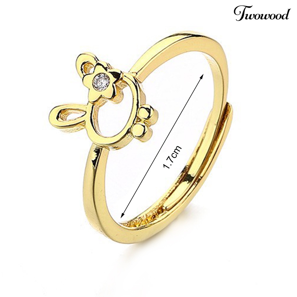 Twowood Wanita Cincin Manis All-match Aksesoris Fashion Open-end Cute Rabbit Flower Rhinestone Ring Untuk Pakaian Sehari-Hari