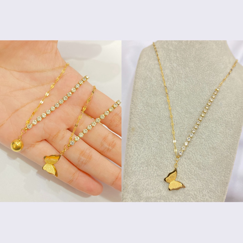 Kalung Wanita Titanium Gold Permata Samping Liontin Fashion Korea