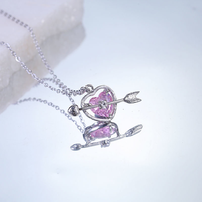 [Harga Grosir]cupid Kalung Tindik Hati/ Sweet Princess Wind Pink Rhinestone Love Kerah Rantai