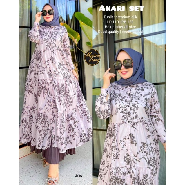 Akari Set Dress Tunik premium silk Rok plisket Allsize