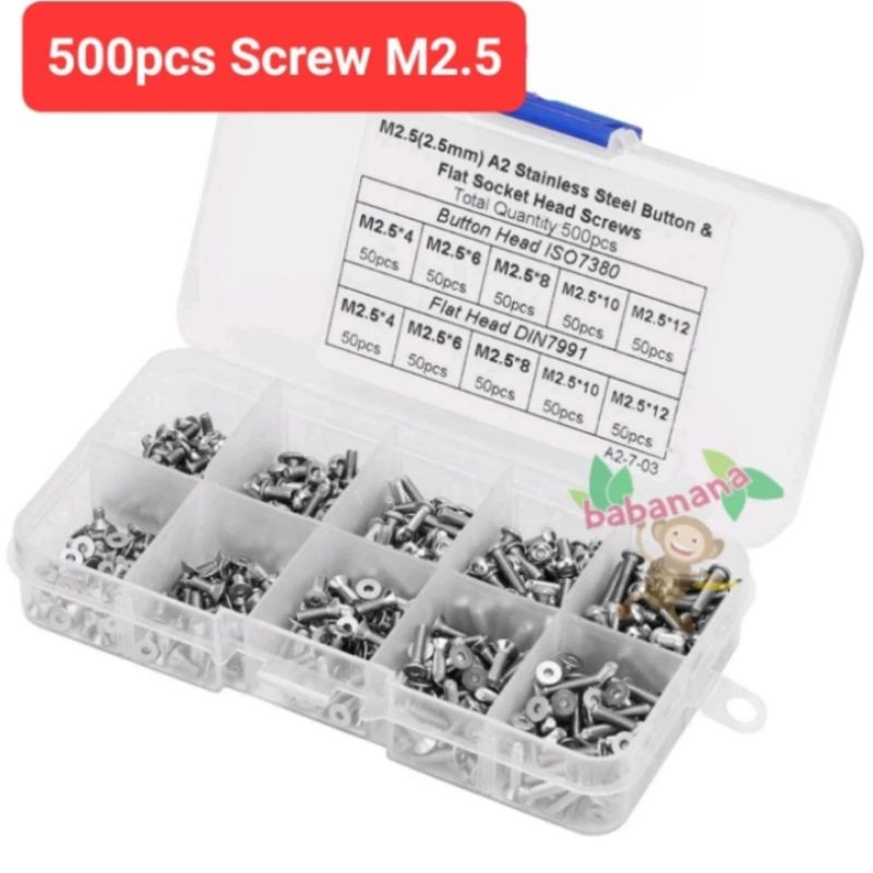 500pcs M2.5 Hex Screw Flat Head Button Head Baut Sekrup Stainless