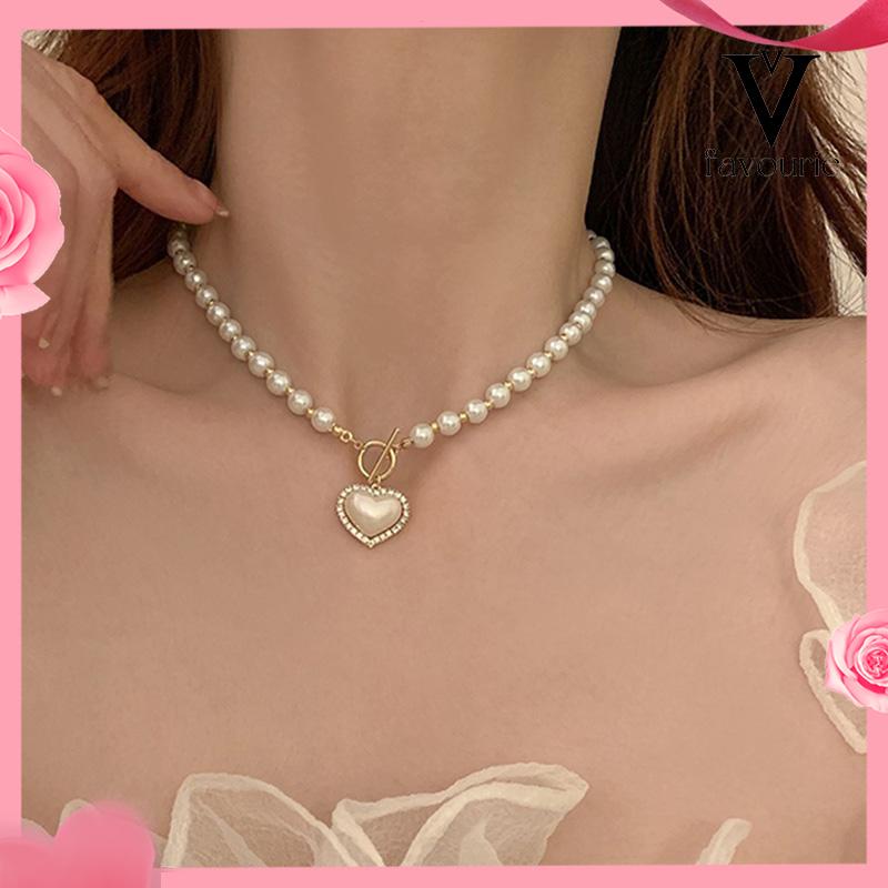 CODMewah Liontin Bentuk Hati Vintage Kalung Mutiara Wanita Elegan Rantai Klavikula Pesona-FA