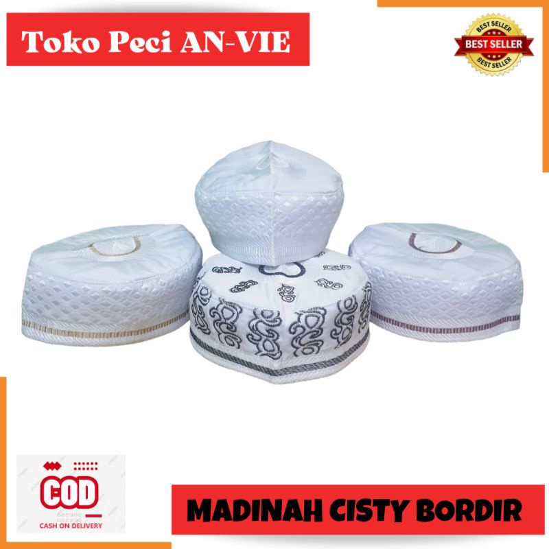 Grosir isi 10 pcs Peci Kopiah Haji MADINAH CISTY PUTIH , Peci Madinah Cisty Bordir , Peci Haji Madin