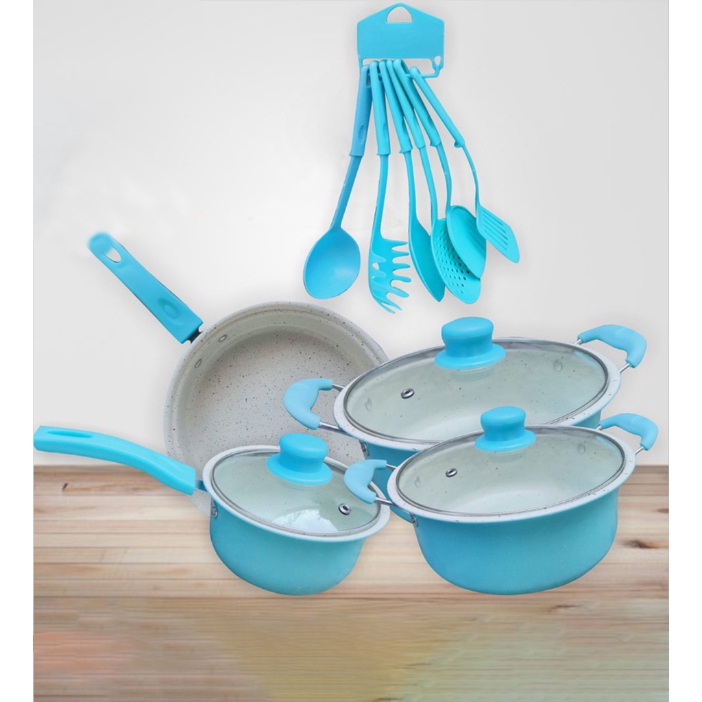 BISA COD , SHENAR PANCI SET SPATULA TEFLON ALL IN ONE TEFLON PANCI SET WARNA PANCI SET 13 TUTUP KACA