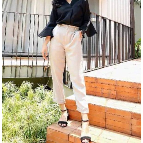 ♬ Celana panjang wanita baggy pants Bahan Amirican drill Kain Stretch Melar jumbo Fashion Cewek Basi