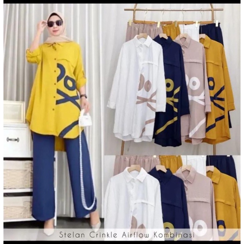 SETCEL TUNIK CRINKLE PRINT JUMBO MURAH GAMBAR VIRAL SET XO