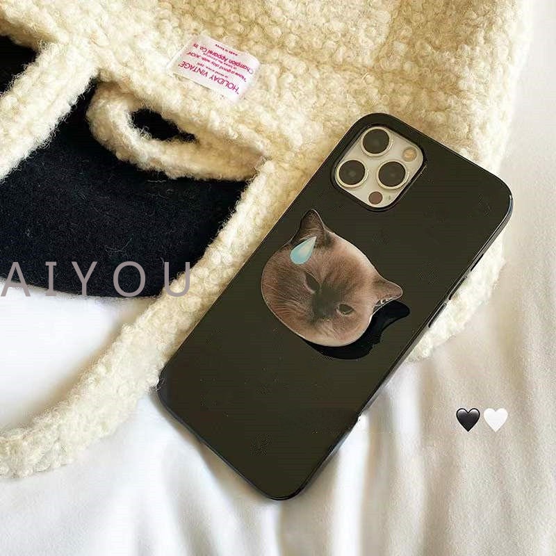 IPHONE Ins Cool Holder Stand Glossy Phone Case Untuk Iphone13 11 12 Pro Max XR X XS Max Mini7 8 Plus Se2020Hitam Lucu Butterfly Cat Cover