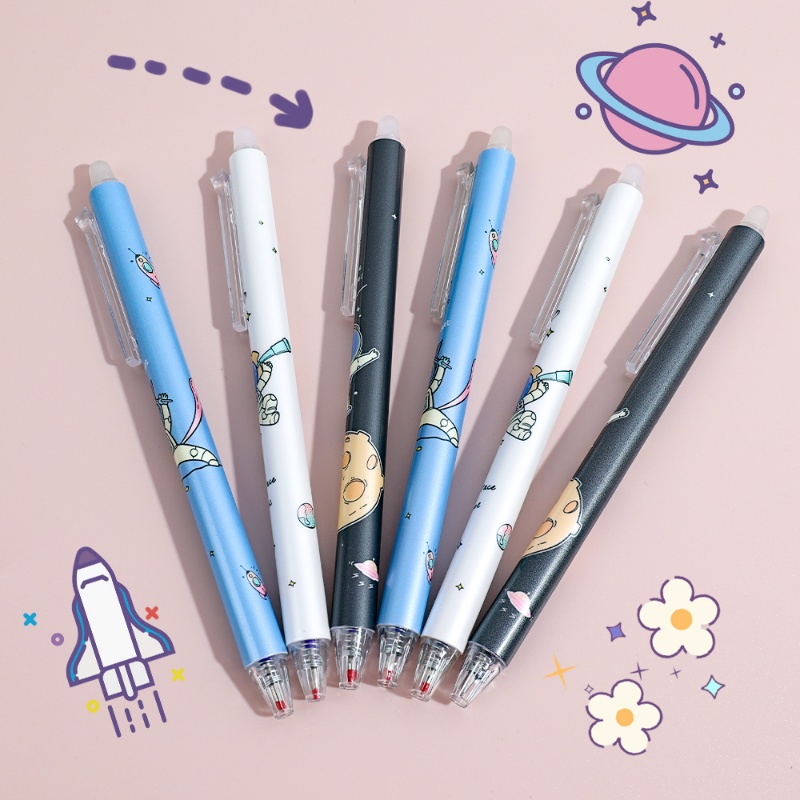 6pcs/set Pena Gel Motif Kartun Astronot Dapat Dihapus/Pena Tanda Tangan Tindakan Dorong 0.5mm Dengan Klip/Pena Tulisan Cepat Kering Siswa Alat Tulis