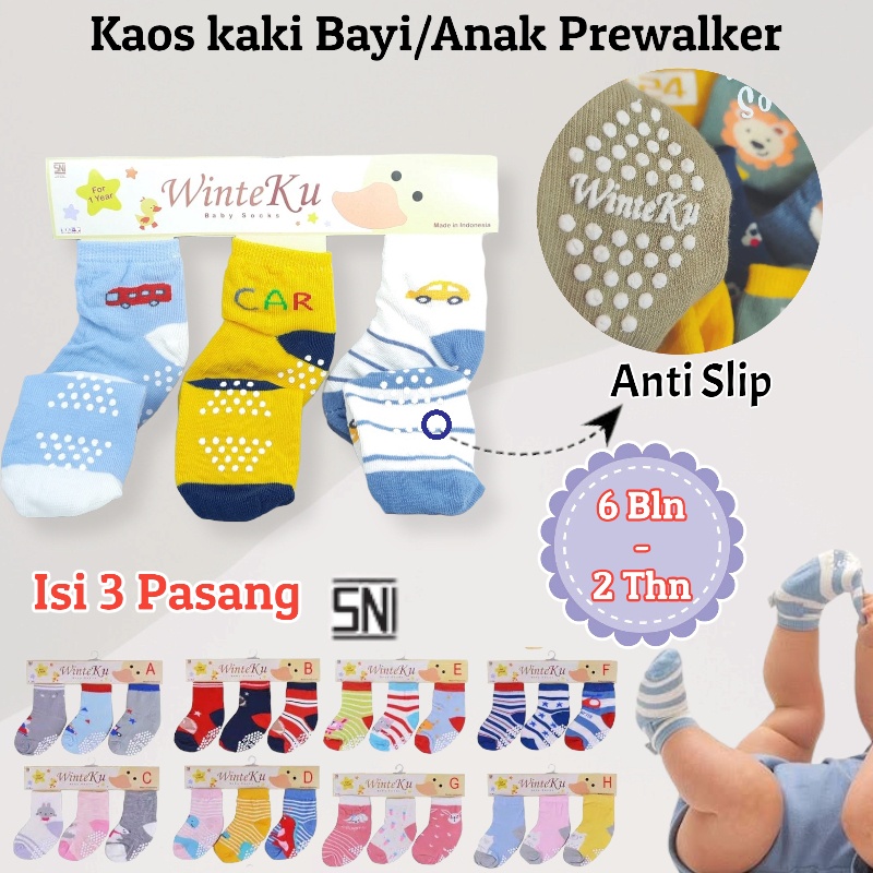 Kaos Kaki ANTI SLIP WINTEKU Prewalker Isi 3 Pasang Kaos Kaki Baby Perempuan - Laki-laki 3in1 pelindung kaki anak