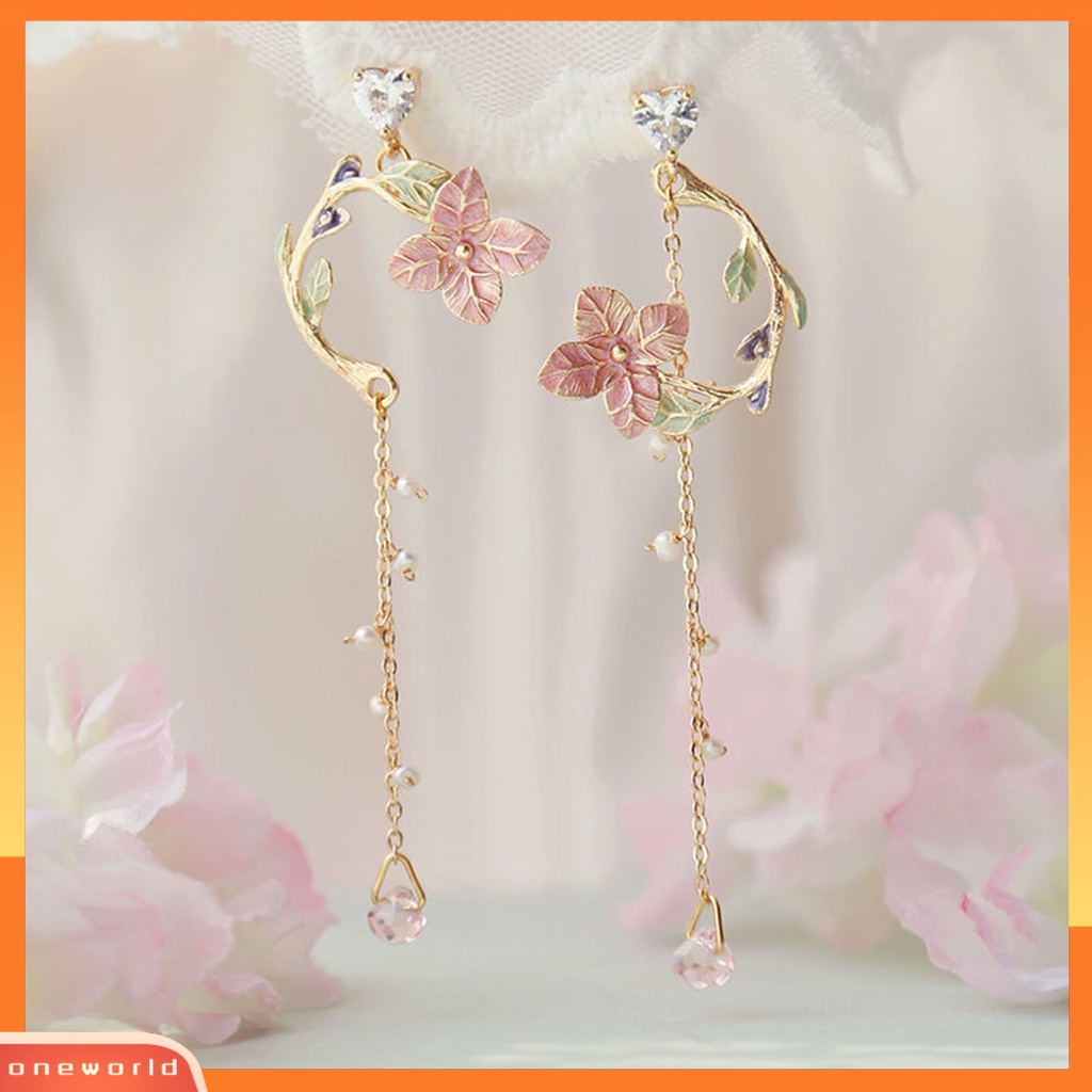 [WONE] 1pasang Drop Earrings Cherry Rhinestones Perhiasan Rumbai Panjang Bunga Menjuntai Anting-Anting Hadiah Ulang Tahun