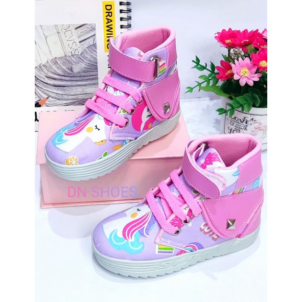 Sepatu Anak Perempuan Boots Anak Perempuan Sepatu Boot anak Sepatu Tali Anak Karakter Unicorn Ungu Cute