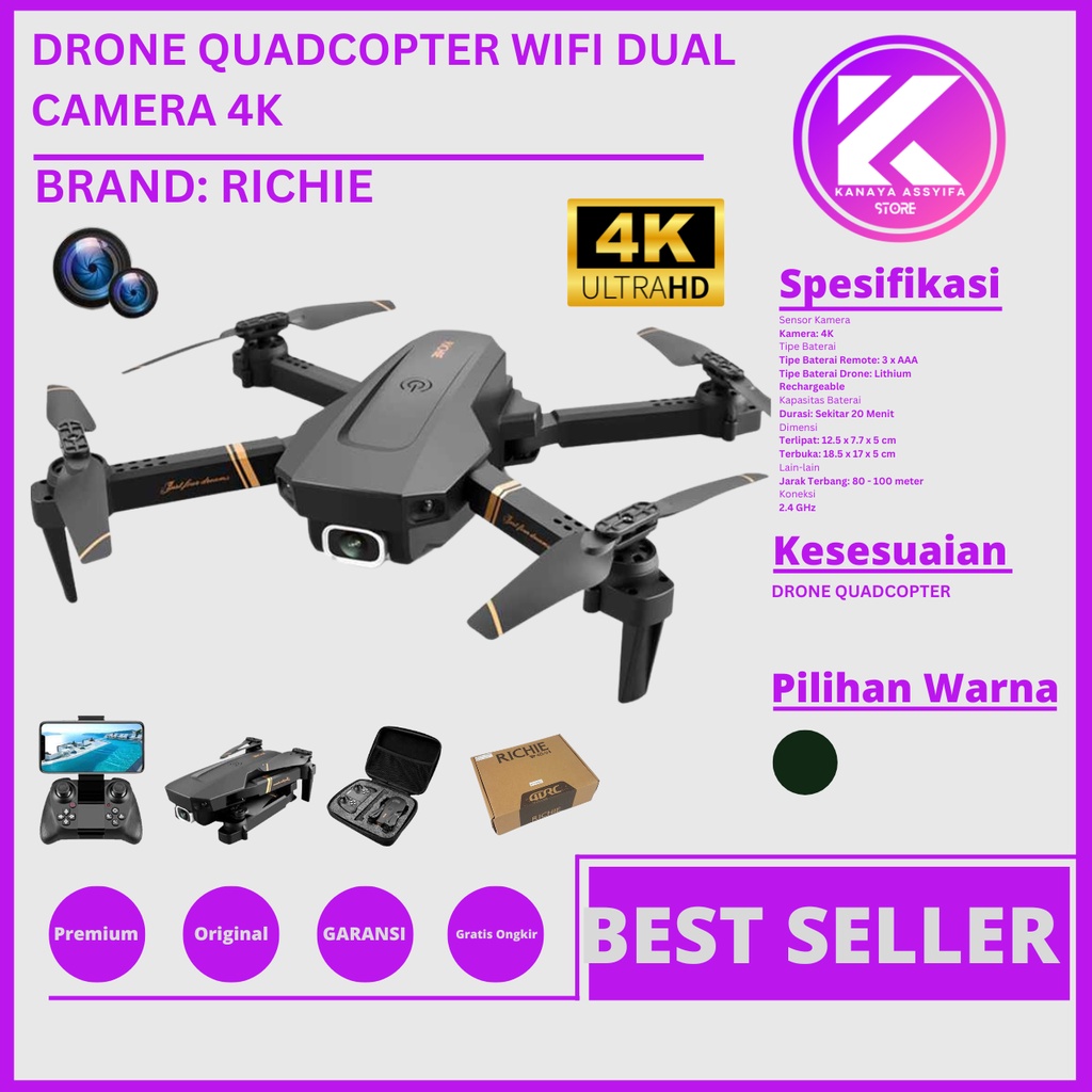 Terbaru RICHIE Quadcopter Drone Kamera Murah RC WiFi Dual Camera 4K - 4D-V4