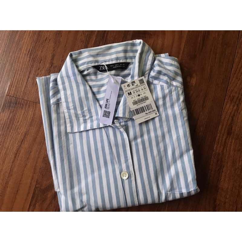 ZARA original import kemeja salur biru wanita pria reguler big size