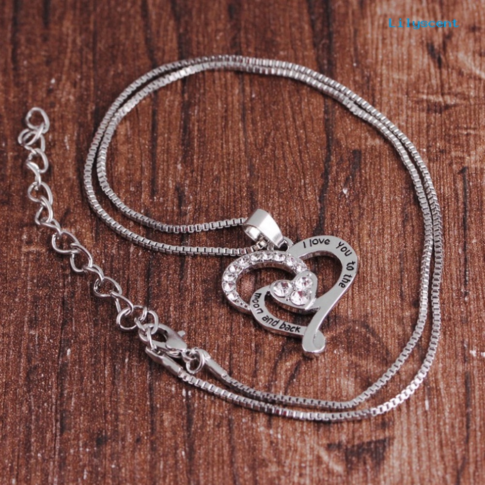 [LS]I Love You to the Moon Berongga Berlian Imitasi Jantung Liontin Kalung Hadiah Hari Ibu