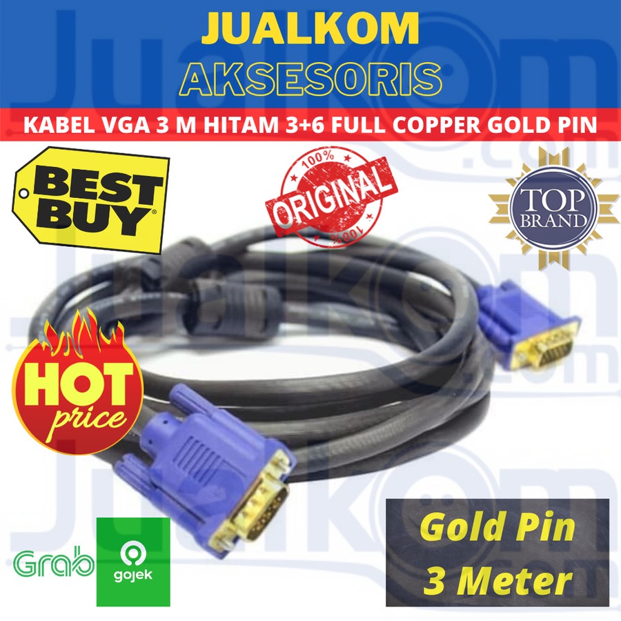 KABEL VGA 3 M HITAM (3+6) FULL COPPER GOLD PIN