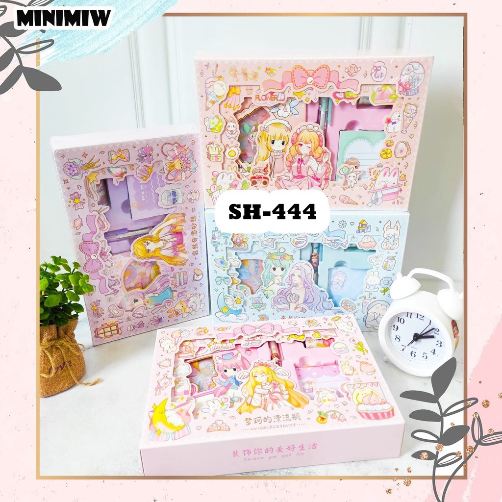 PAKET SET (4 IN 1) STICKER WASHI TAPE STICKYNOTES NOTEBOOK SPIRAL CUTTER PEN SH-4444 LUCU IMUT KARAKTER GAMBAR